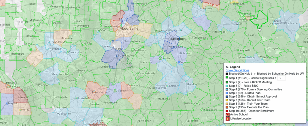 map of mostly Kentucky, showing where LifeWise academy is in their process of entering public schools