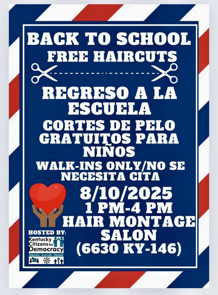 Back to school free haircuts, Regreso a la escueula, cortes de pelo gratuitos para ninos, walk-ins only/no necesita cita, 8/10/25, 1 PM - 4 PM, Hair Montage Salon, 6630 Ky-146
